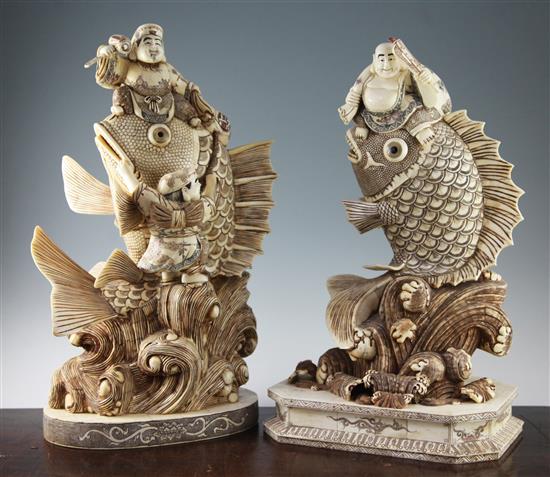 Two Oriental sectional bone groups of Japanese Immortals riding leaping carps(-)